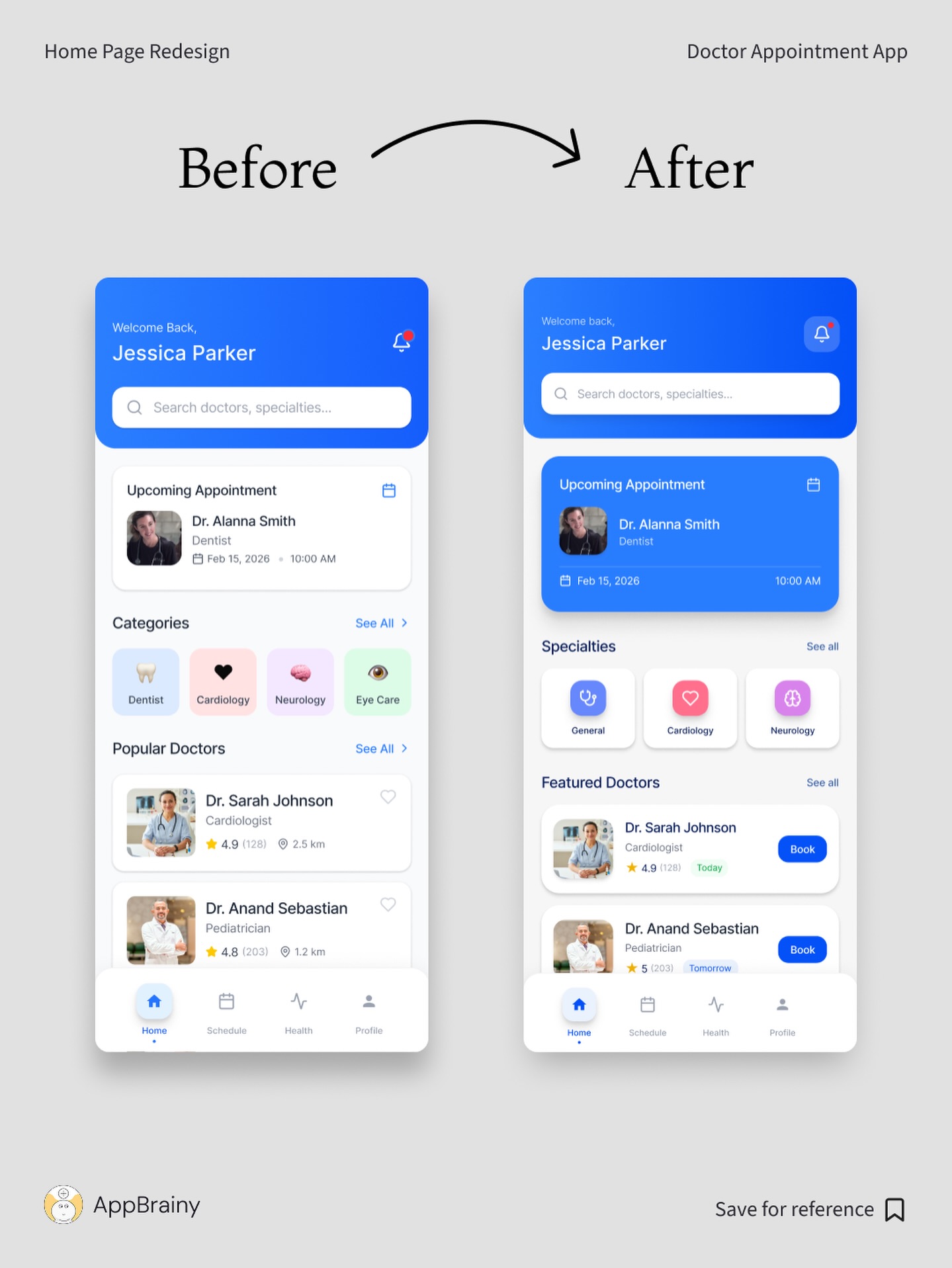 Doctor appointment app homepage redesign (Before → After)