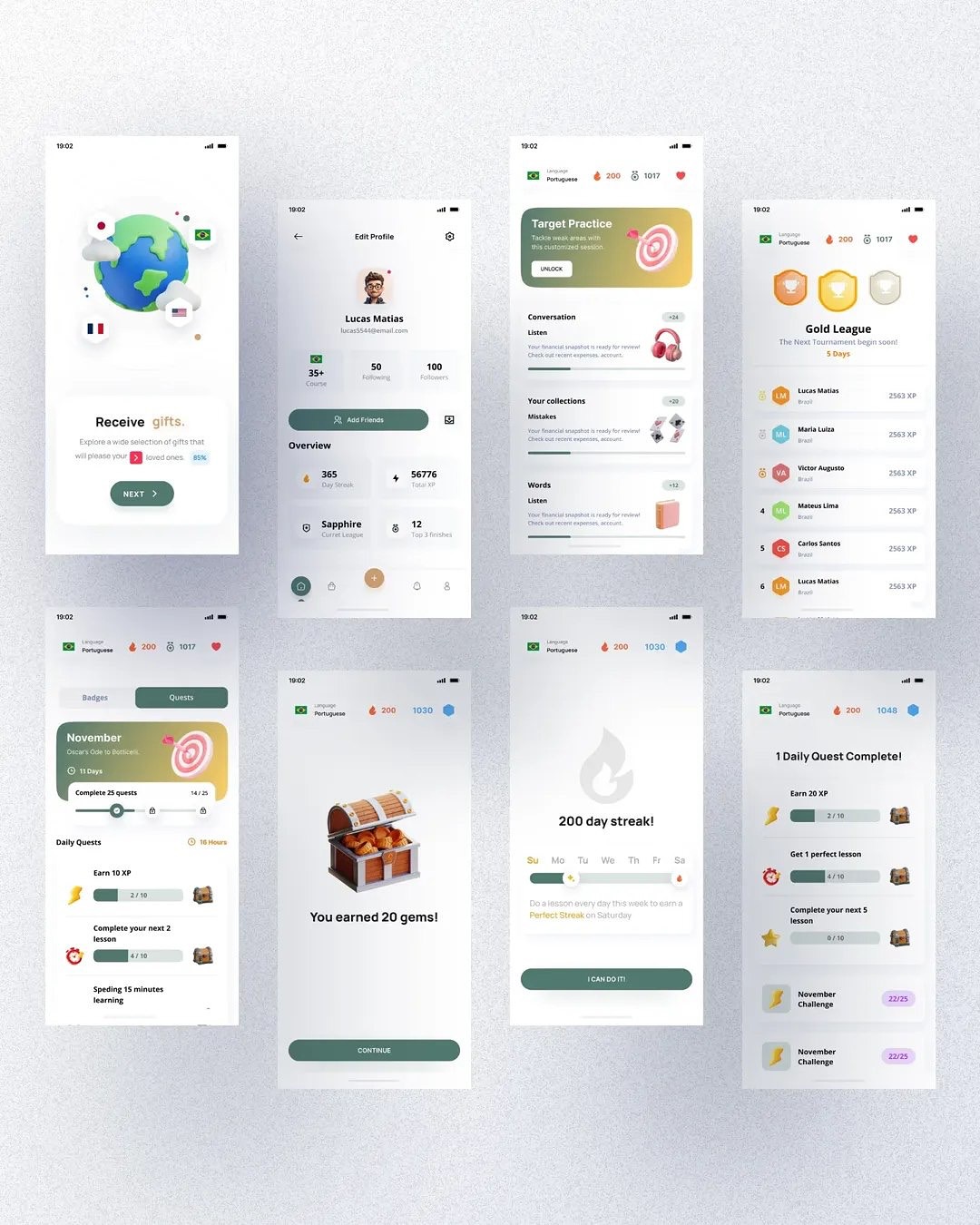 Design case for a language learning app that is very clean and eye-catching with vibrant