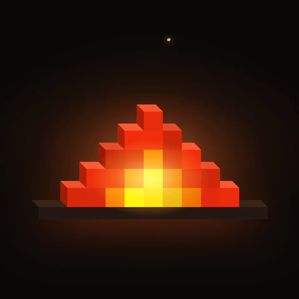 Forge case study hero: the voxel fire from the Forge landing hero burning on near black