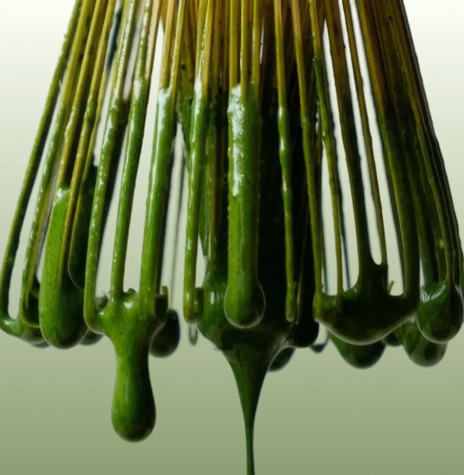 A bamboo whisk lifted out of matcha, thick green tea running off the tines and drawing a single thread down the frame