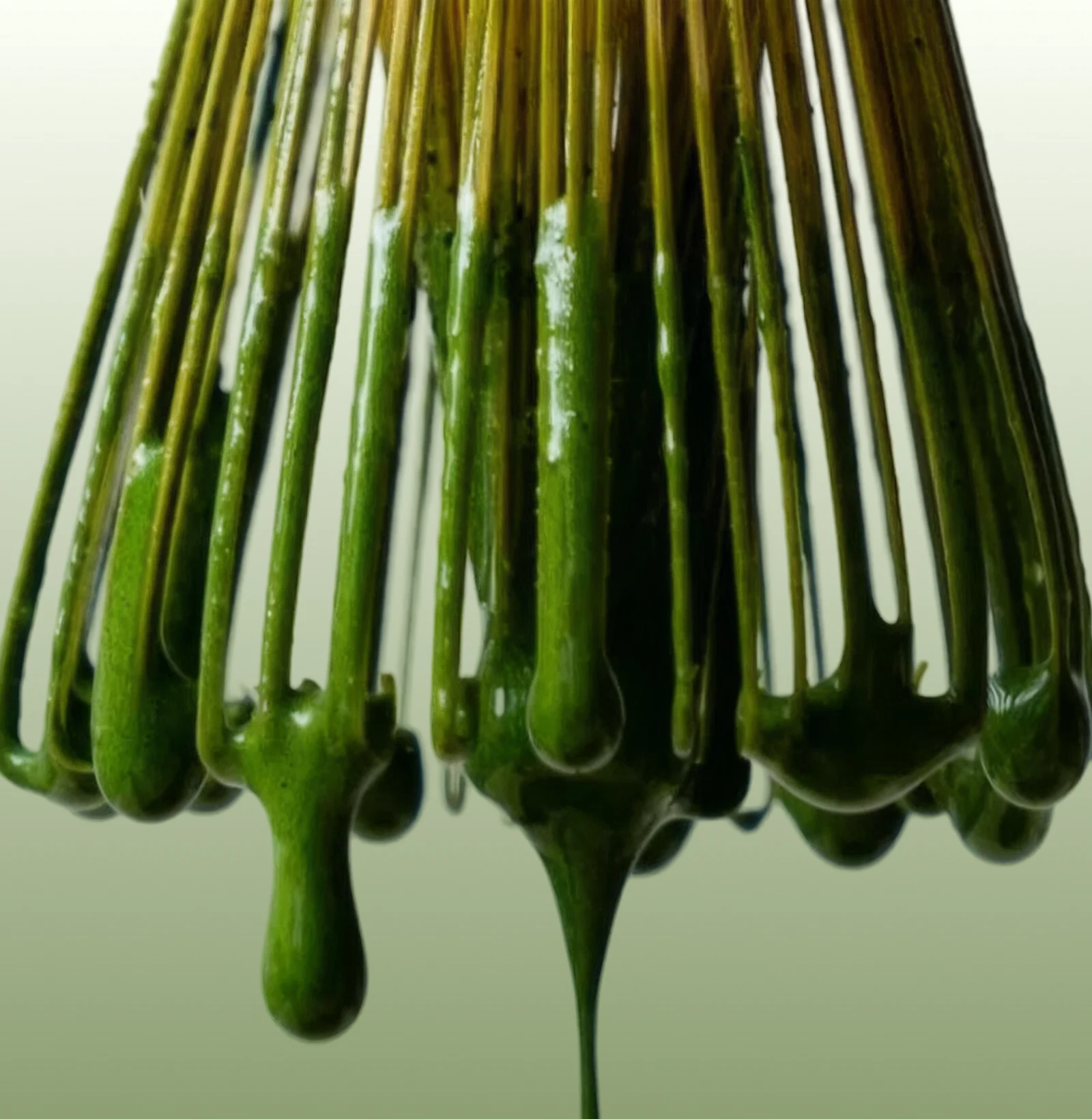 A bamboo whisk lifted out of matcha, thick green tea running off the tines and drawing a single thread down the frame