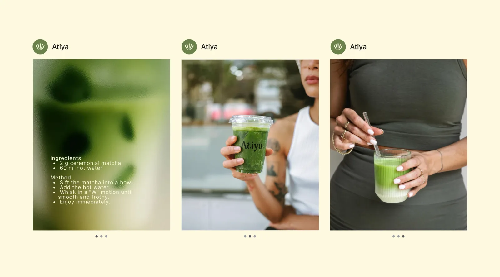 Three Atiya social cards side by side: a recipe card, a street shot of a customer, and a product shot, each carrying the whisk symbol and wordmark