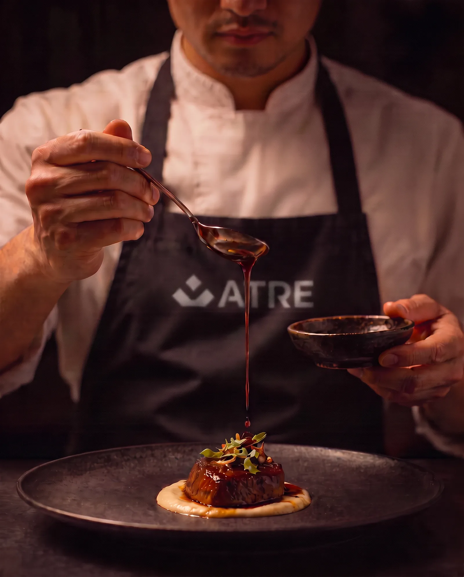 A chef in a dark ATRE apron spooning sauce over a plated dish