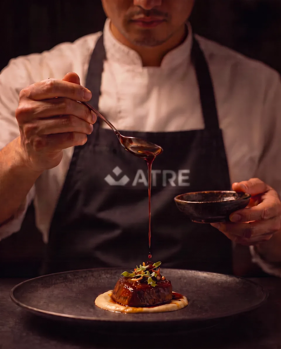 A chef in a dark ATRE apron spooning sauce over a plated dish