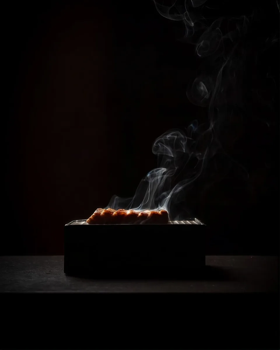 Meat smoking on a small grill tray in the dark, the smoke lit from the side