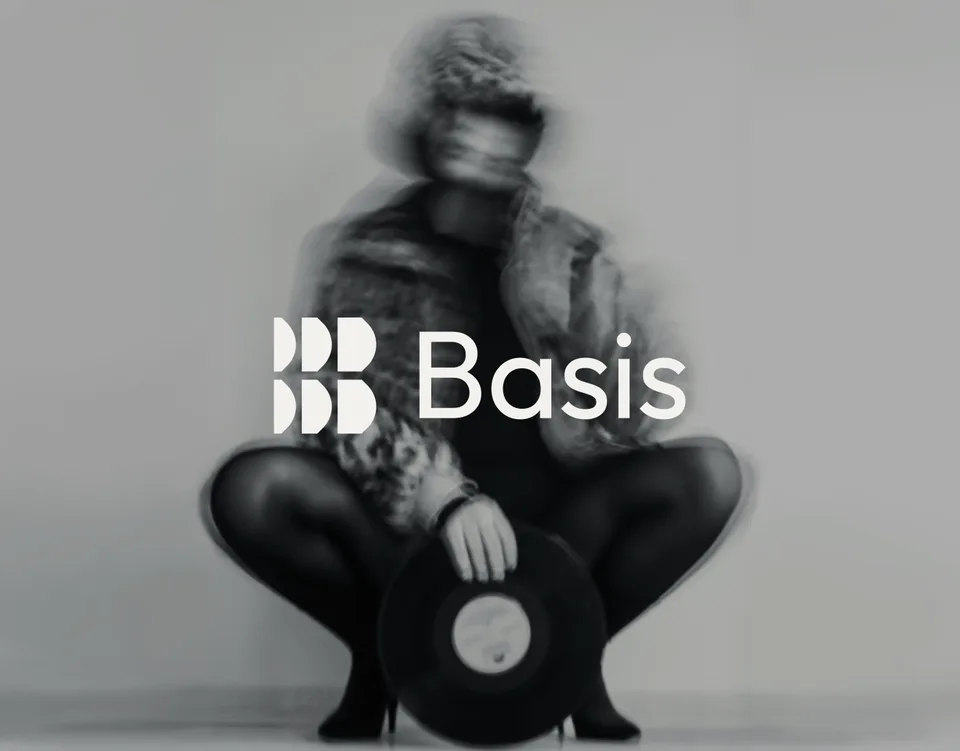 Basis case study hero: the Basis mark and wordmark over a monochrome photograph of a figure crouching with a vinyl record