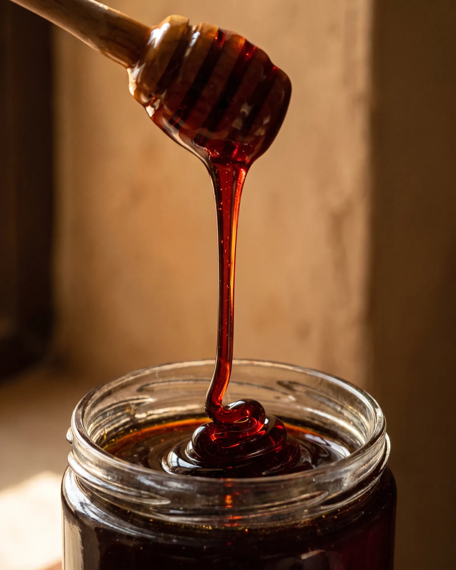 Dark honey falling in a single thread from a wooden dipper into an open jar, lit from the side against an adobe wall.