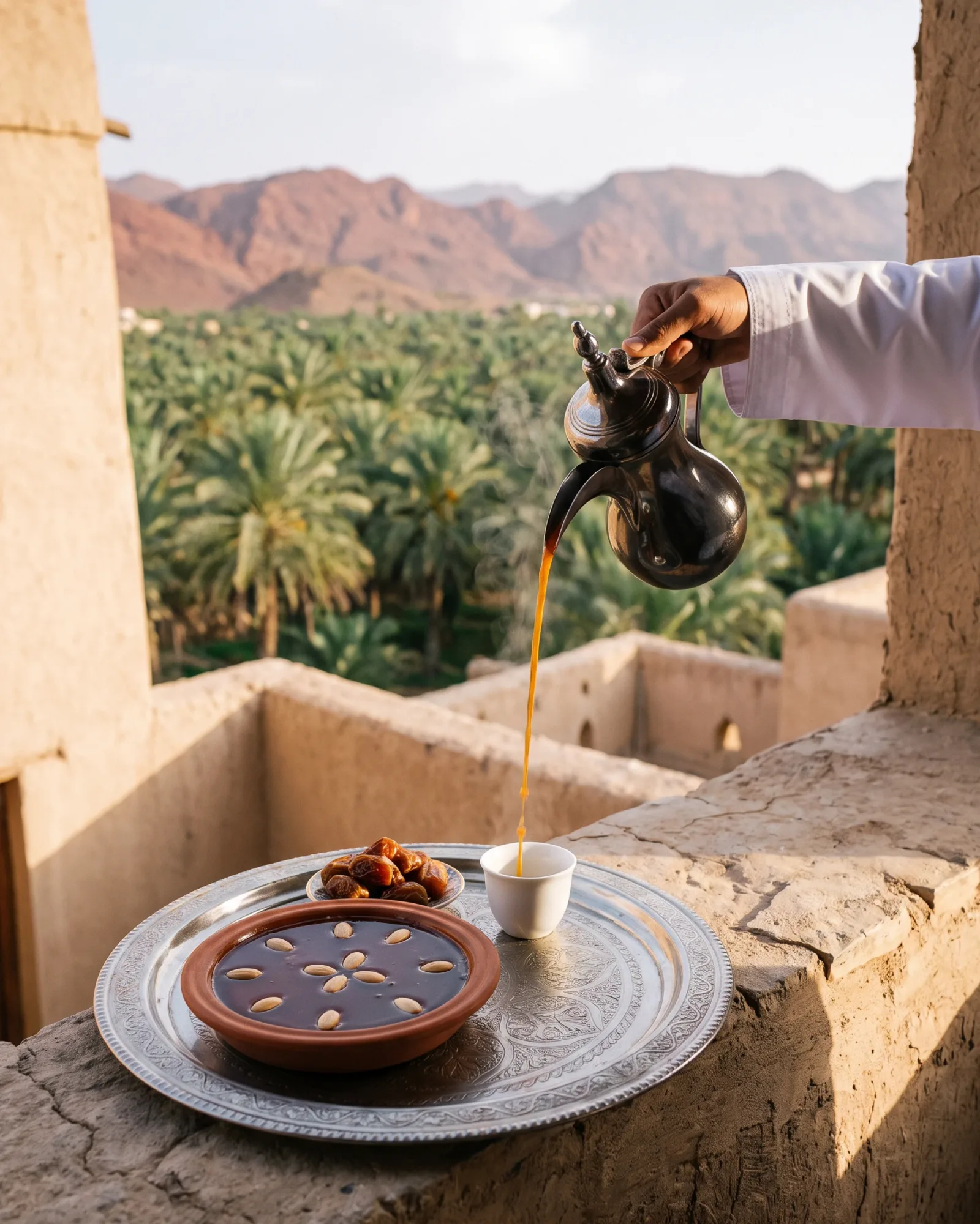 A man pouring coffee from a long-spouted dallah onto a tray of halwa and cups, on a mud-brick rooftop above a palm oasis and red mountains.