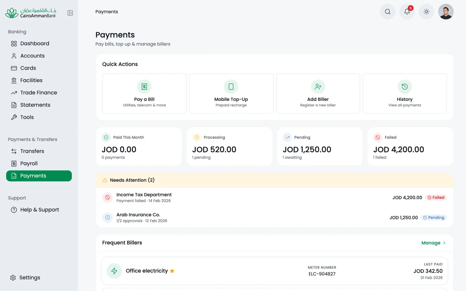 The Payments module on desktop, with quick actions for bills and top-ups, pending payments and frequent billers.