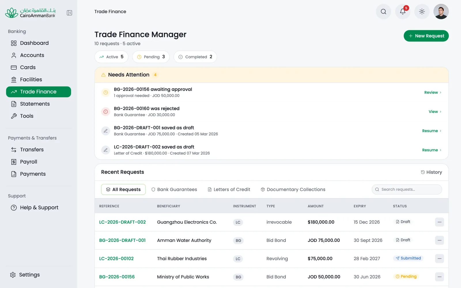 The Trade Finance manager on desktop, with letters of credit and guarantees, their status and recent requests.