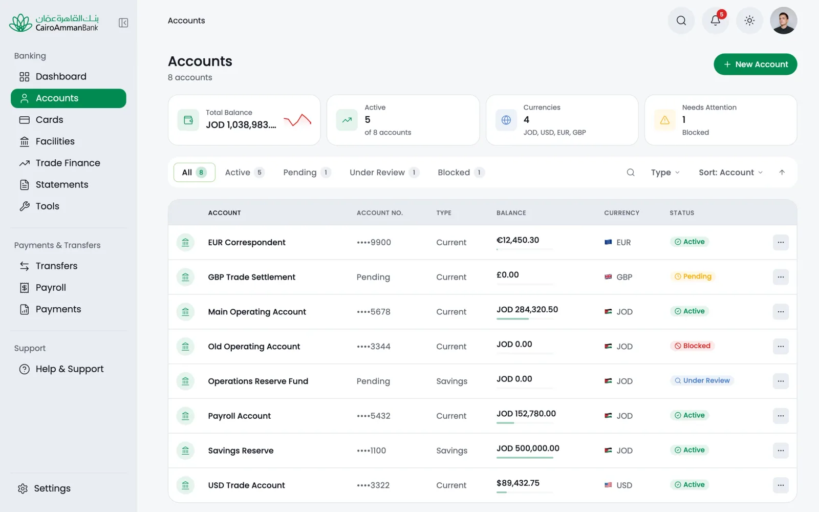 The Accounts module on desktop, listing every corporate account with its currency, balance and status in a filterable table.