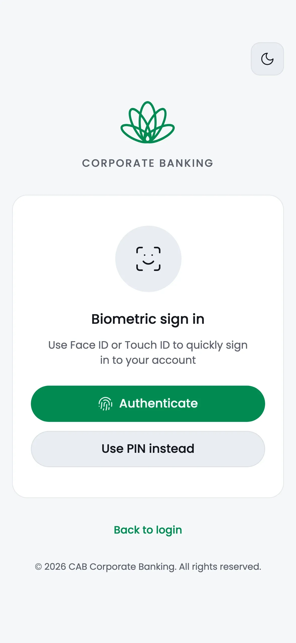 The mobile biometric sign-in screen at iPhone 15 Pro proportion, offering Face ID or Touch ID with a fallback to PIN.
