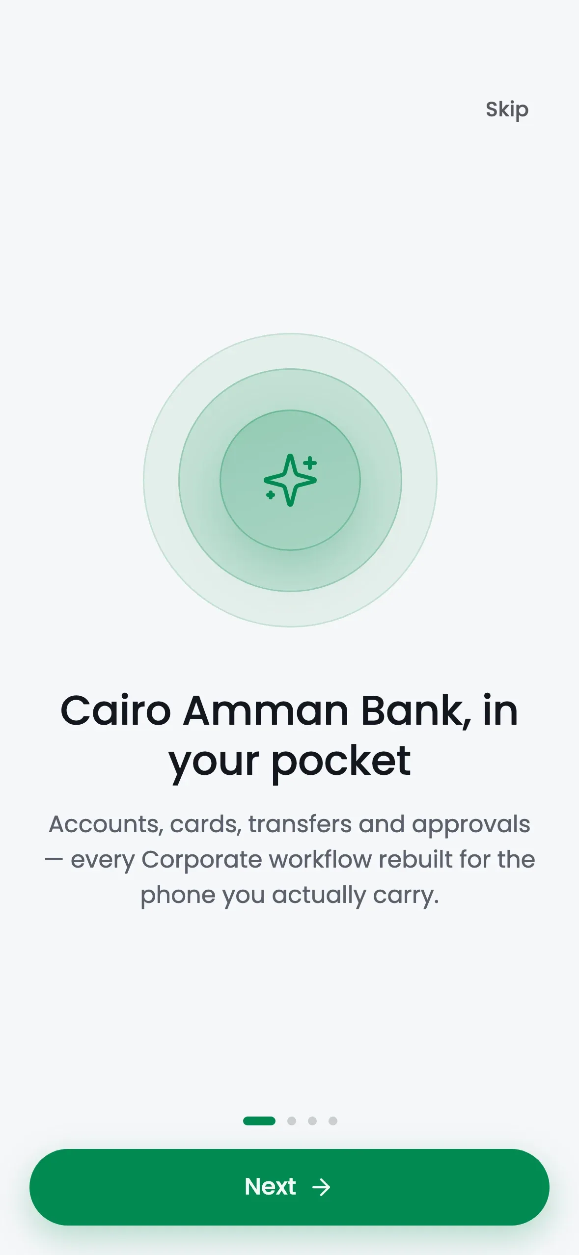 The first onboarding screen of the mobile app at iPhone 15 Pro proportion, a lotus badge over the line Cairo Amman Bank, in your pocket.