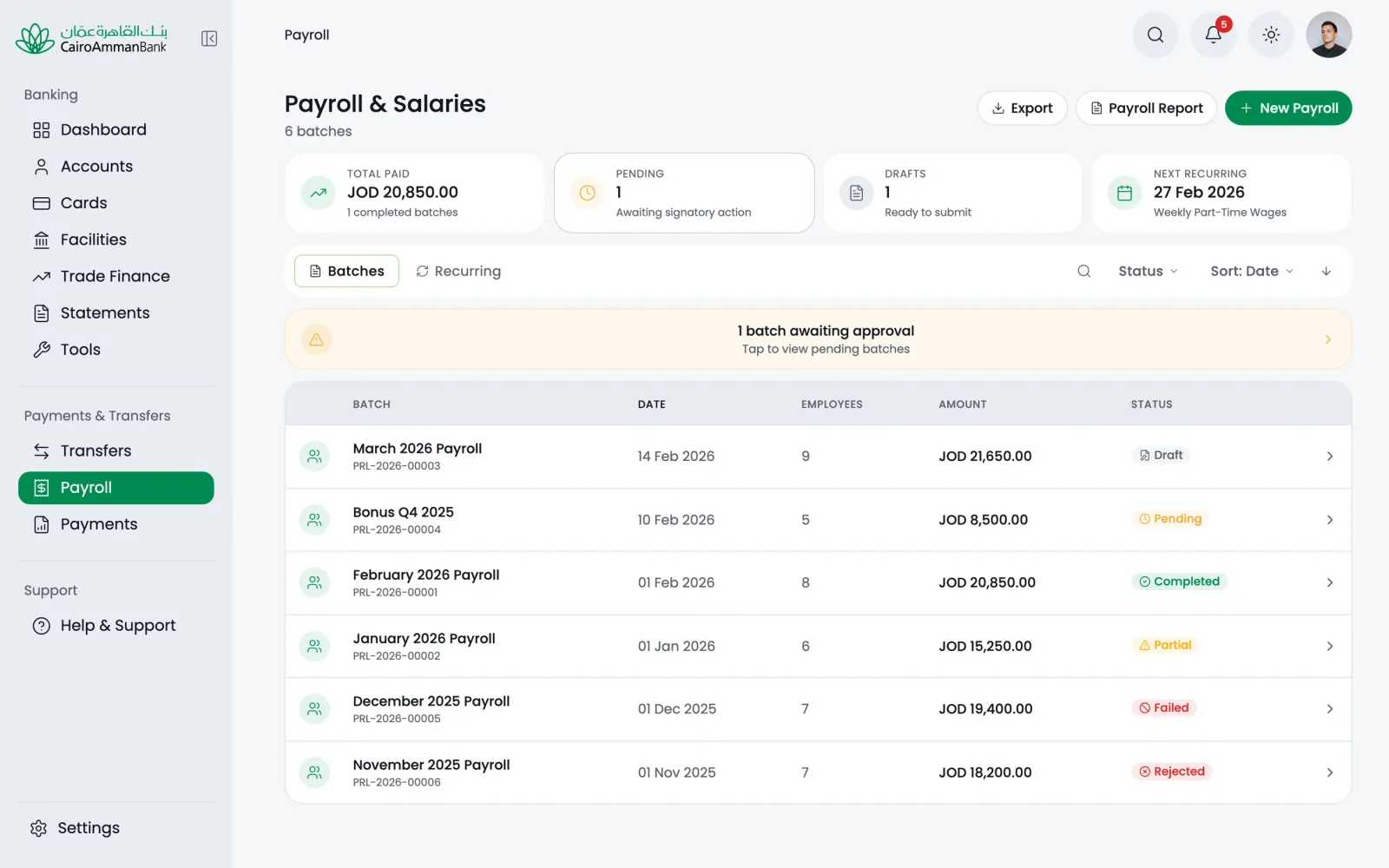 The Payroll and Salaries module on desktop, listing payroll batches with their period, employee count, total and status.