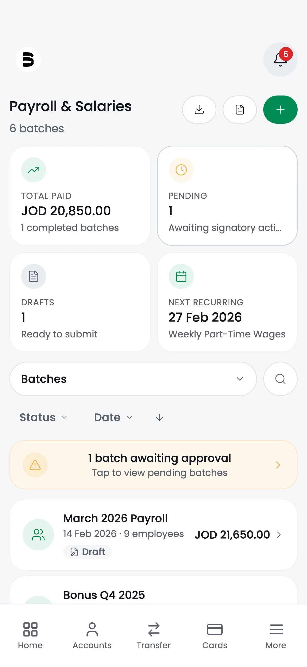 The mobile Payroll and Salaries screen at iPhone 15 Pro proportion, with the total paid, pending batches, drafts and the next recurring run.