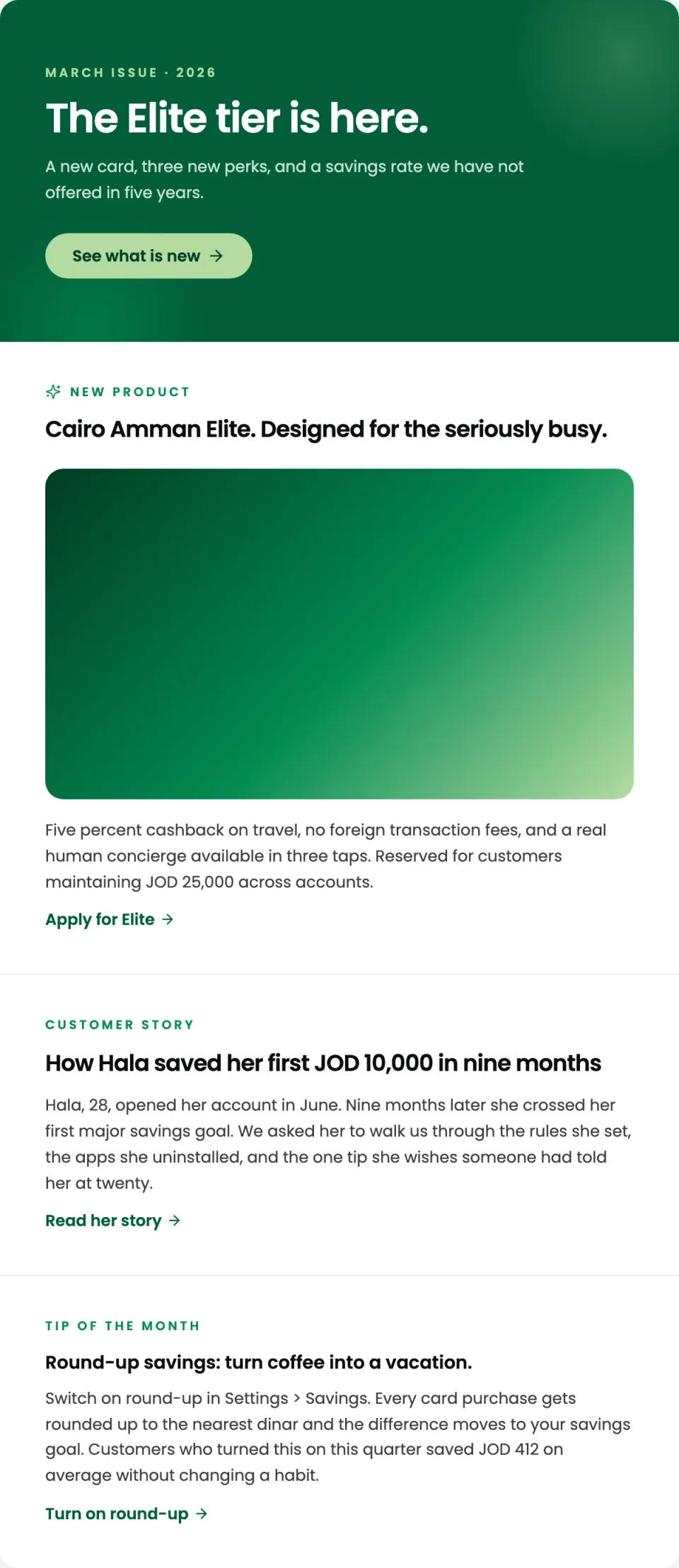 The March update marketing email body on its own, a white sheet headed The Elite tier is here with a customer story and an Apply for Elite button.