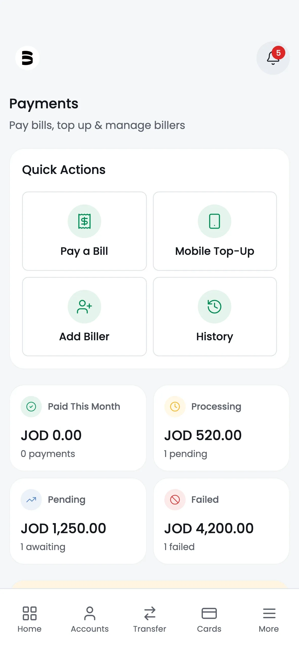 The mobile Payments screen at iPhone 15 Pro proportion, with quick actions for paying a bill, mobile top-up, adding a biller and history.