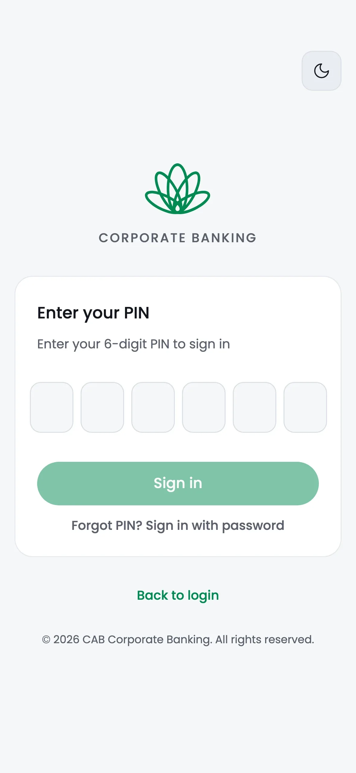 The mobile PIN entry screen at iPhone 15 Pro proportion, six empty digit boxes under the prompt Enter your PIN.