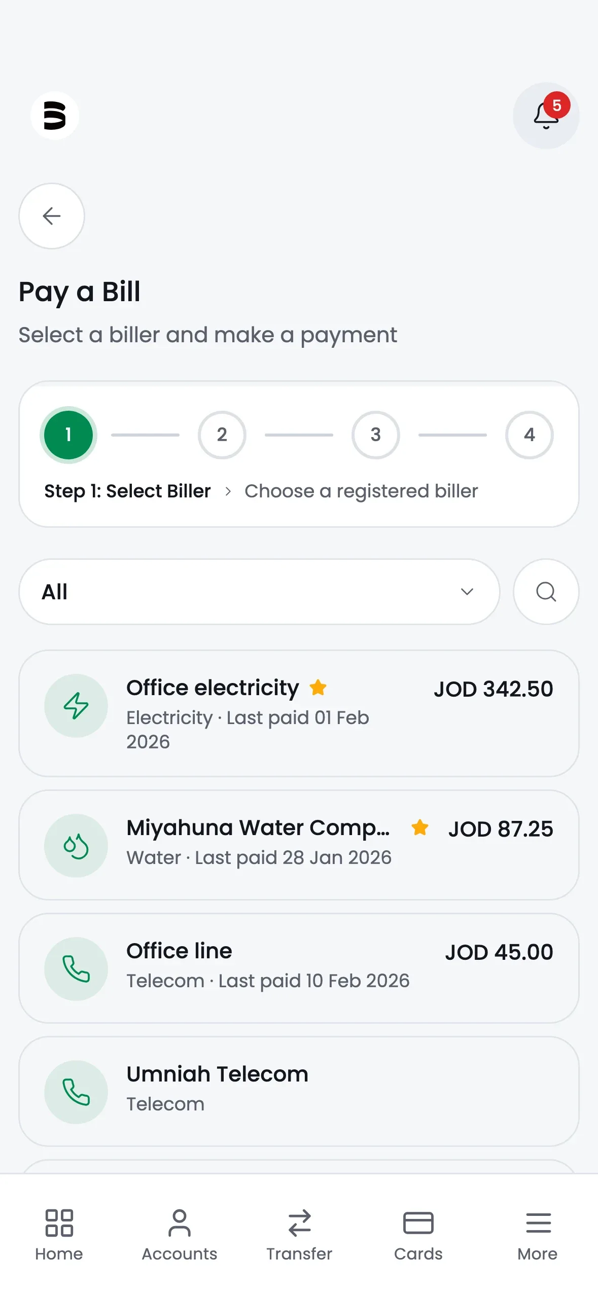 The mobile Pay a Bill flow at iPhone 15 Pro proportion, step one of three, selecting a registered biller from the list.