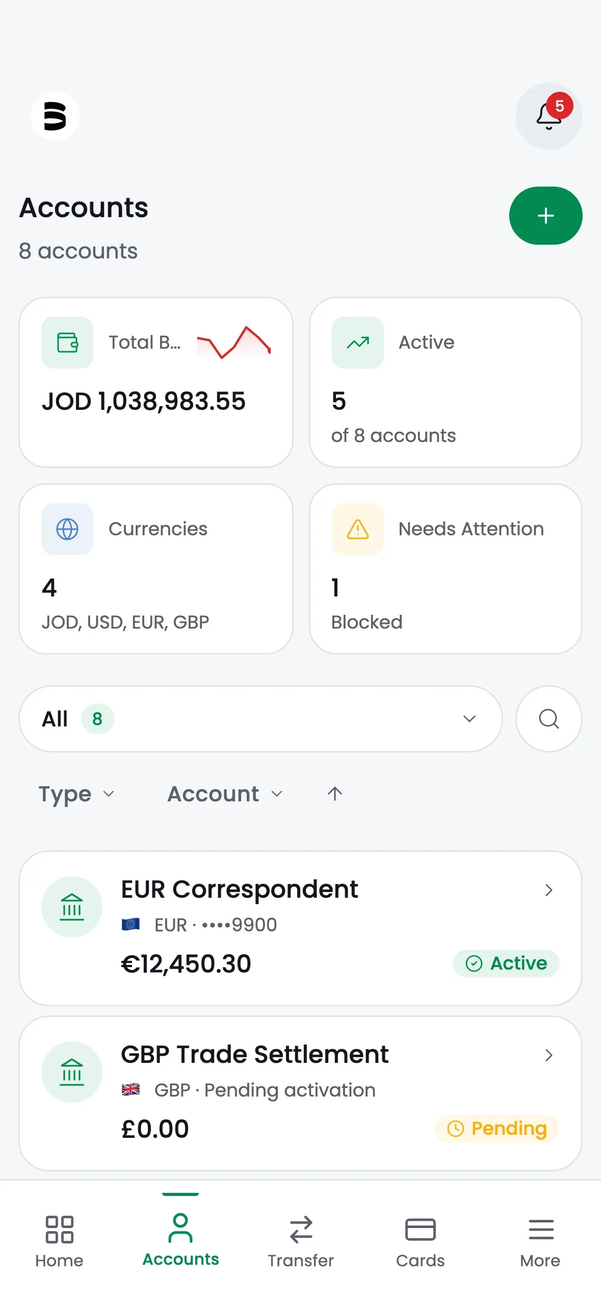 The mobile Accounts screen at iPhone 15 Pro proportion, with total balance, active accounts, currencies and a filterable list of accounts.