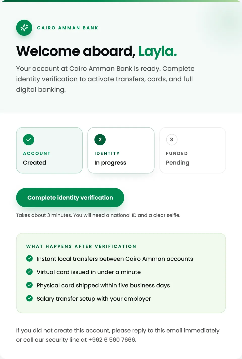 The welcome email body on its own, a white sheet with the green accent strip, the greeting Welcome aboard, Layla and the verification steps.
