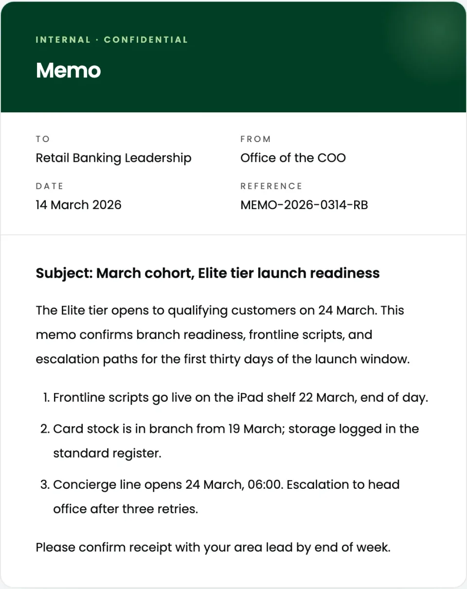 The internal memo on its own, a white sheet with a deep green header block reading Memo and the To, From, Date and Reference fields.