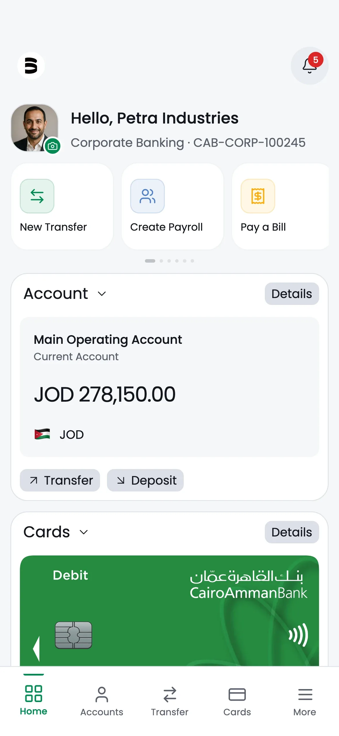 The mobile home screen at iPhone 15 Pro proportion, with the white symbol in the header, quick actions and the main operating account balance.
