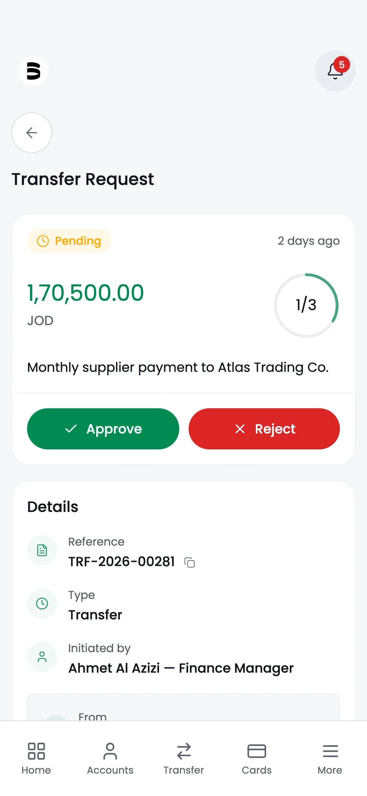 A transfer approval on mobile at iPhone 15 Pro proportion, showing the amount, the signature ring, the description and the Approve and Reject buttons.