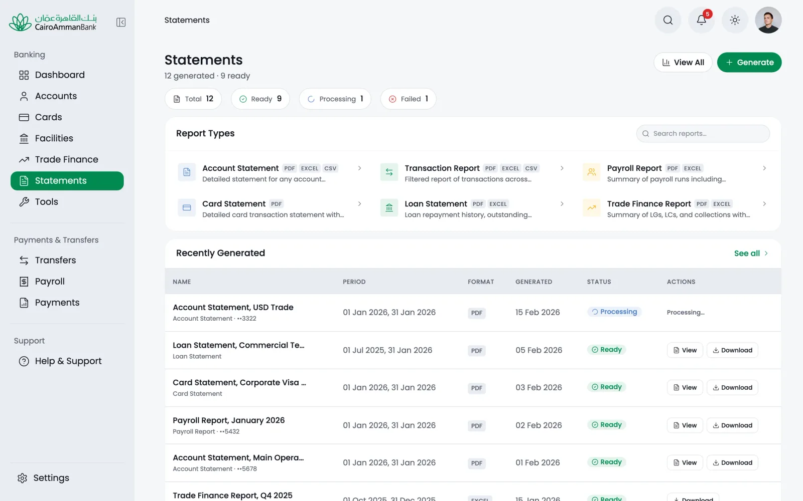 The Statements module on desktop, with report types and a table of generated account statements and transaction reports.