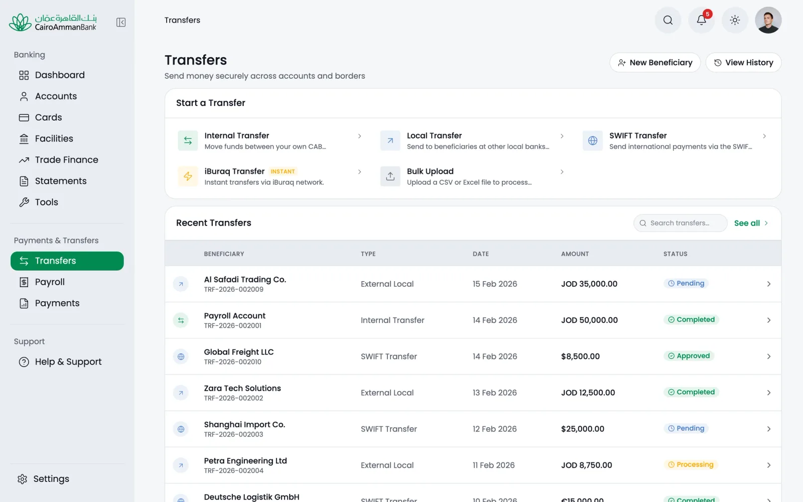 The Transfers module on desktop, with internal, local, SWIFT and iBuraq transfer types and a list of recent transfers.