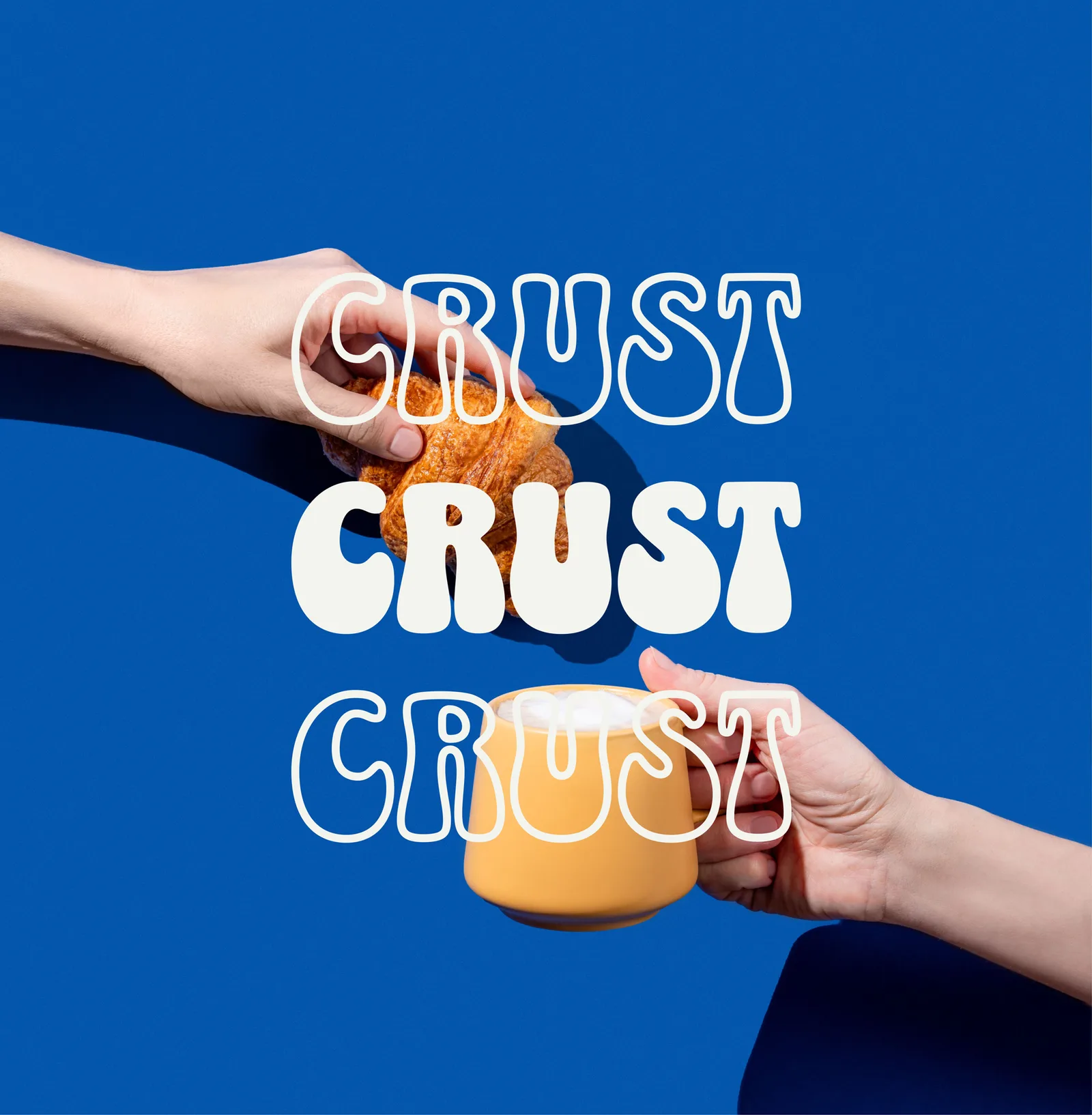 The CRUST wordmark repeated three times in rounded white lettering on a deep blue field, with hands passing a mustard yellow coffee cup