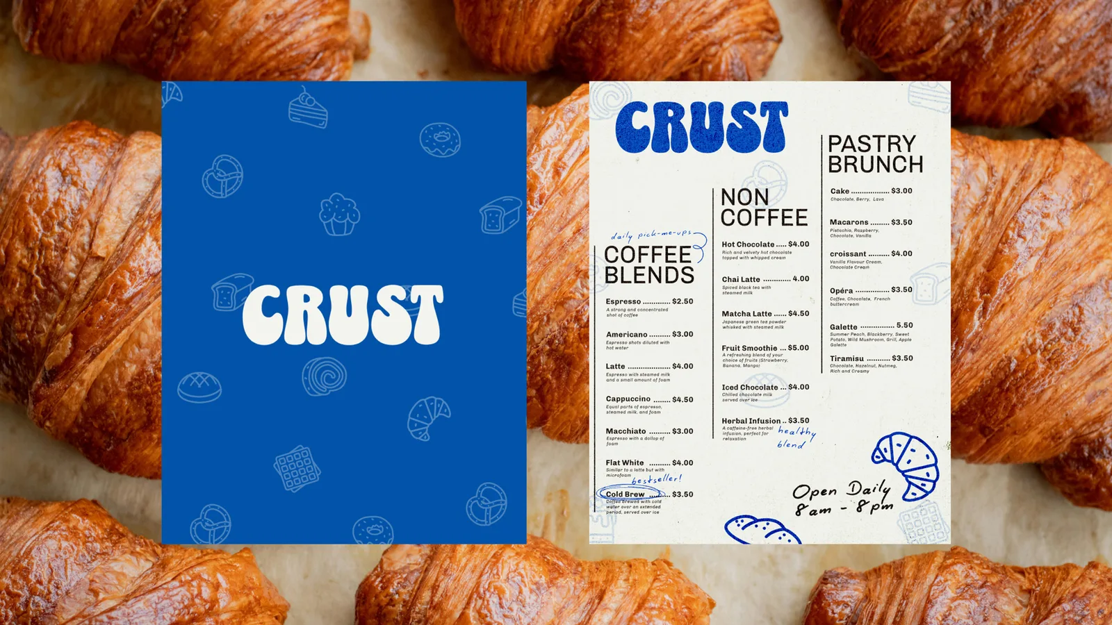 The CRUST menu system: a blue icon-patterned cover next to an open pastry and coffee menu on a croissant backdrop