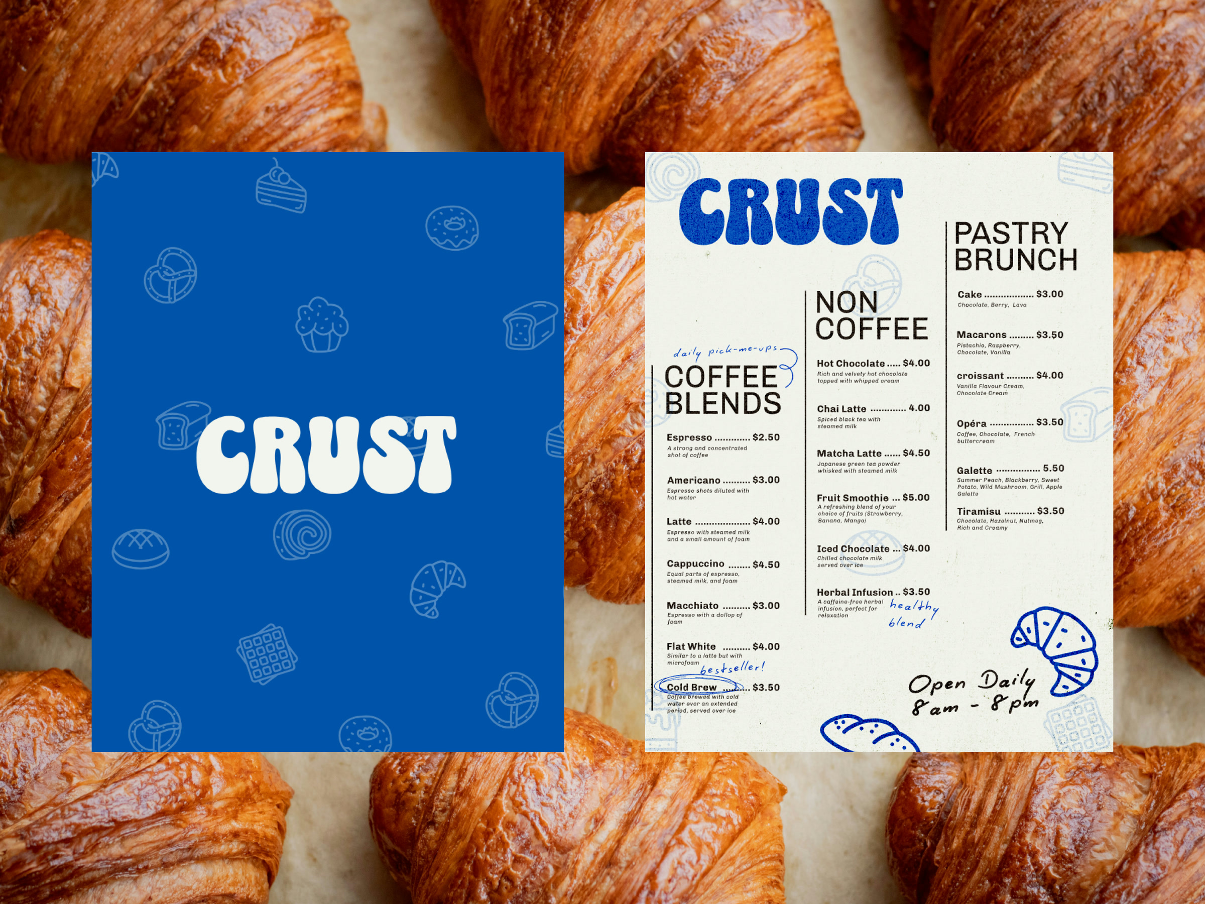 The CRUST menu, coffee blends and pastry brunch set in two columns, beside a blue pattern panel, both laid over a bed of croissants