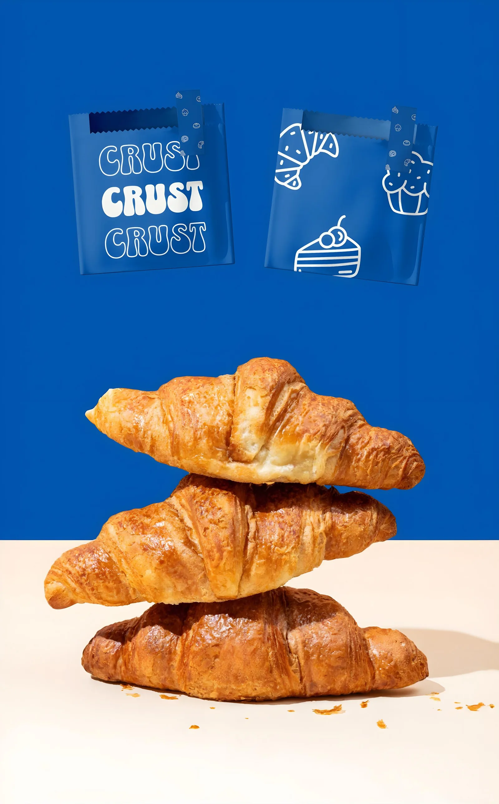 The CRUST brand guidelines board: logo, color, type, packaging, and signage laid out as one tall composition on blue
