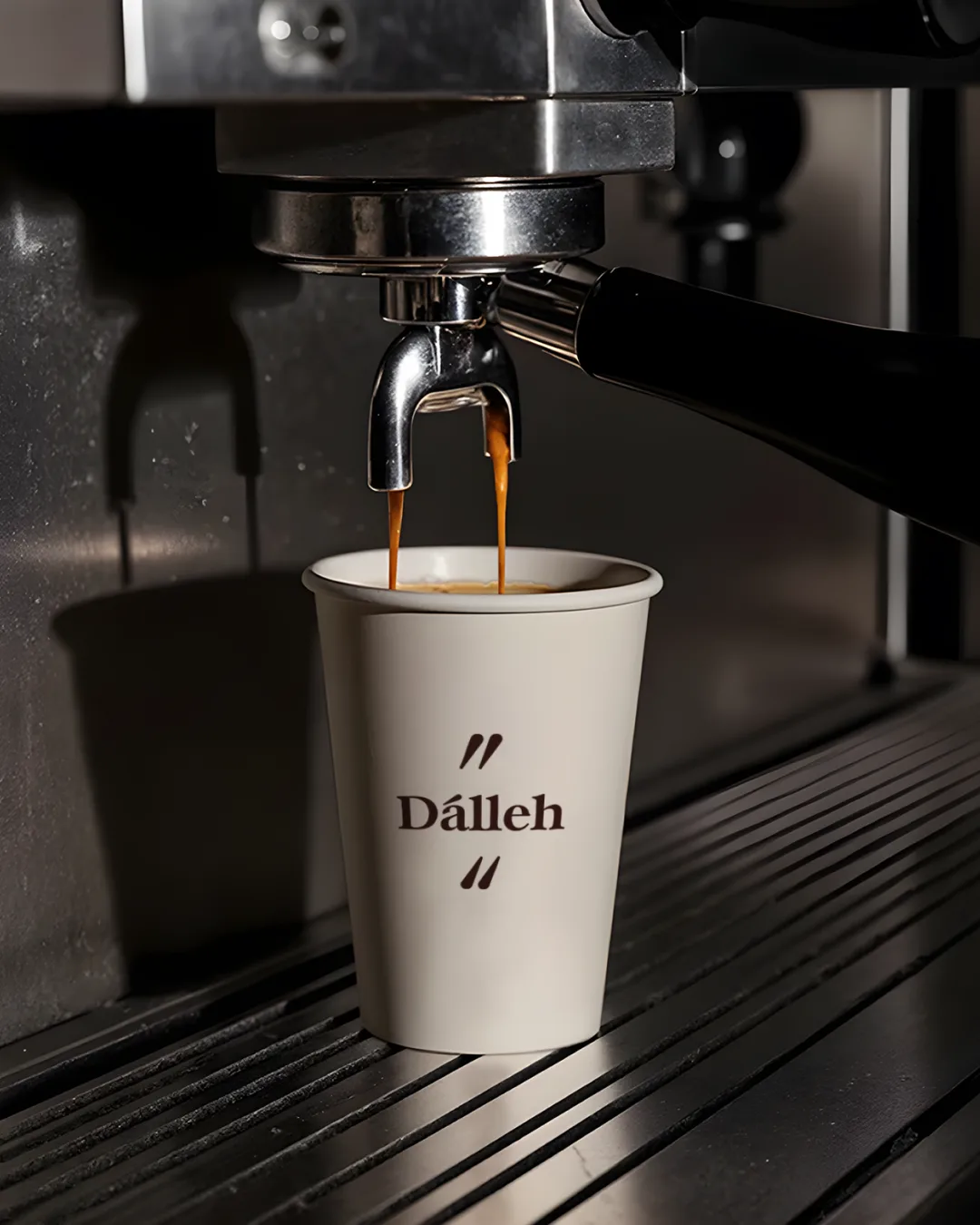 Espresso machine pouring into a cream Dalleh paper cup in a dark steel environment