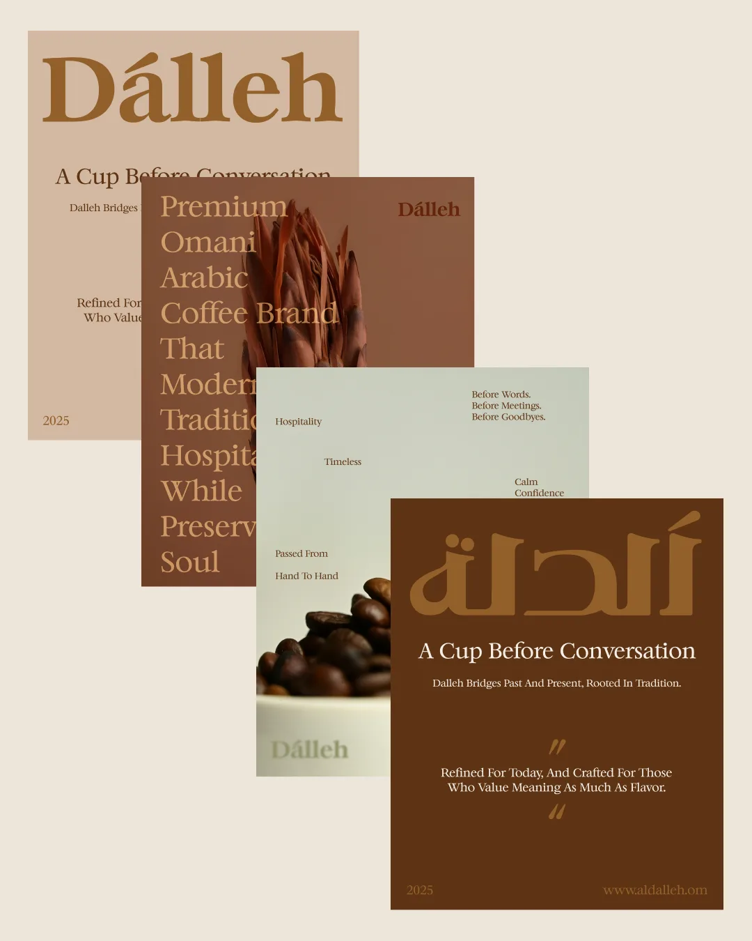 Four overlapping Dalleh brand posters in blush, russet, pale sage and espresso brown carrying the campaign line and manifesto copy