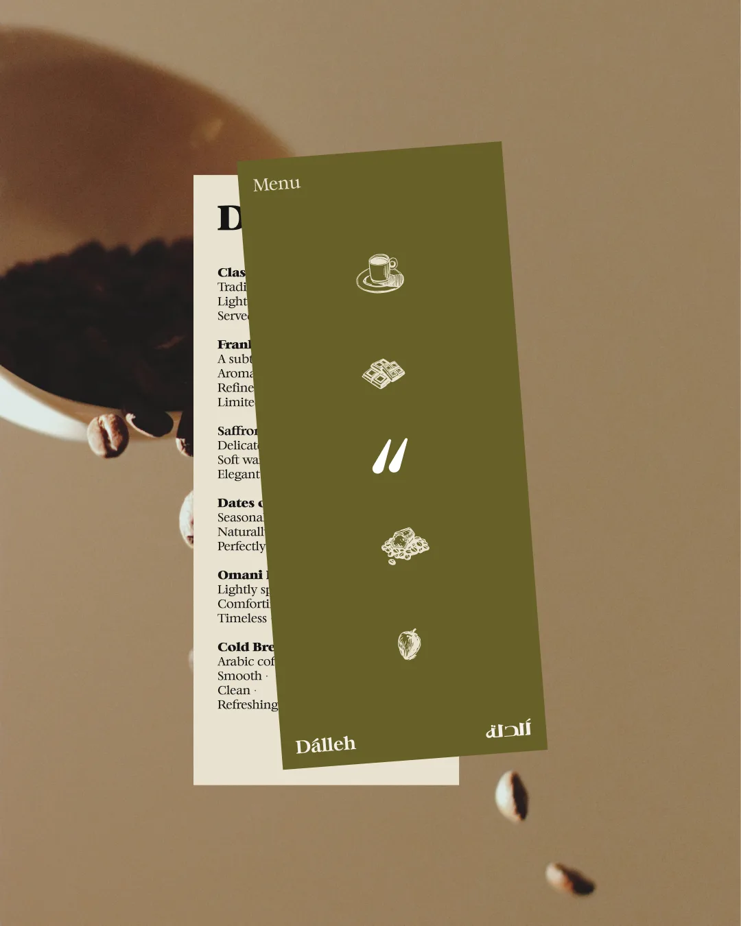 Olive menu card with cream hand drawn icons layered over a cream text menu, falling coffee beans behind
