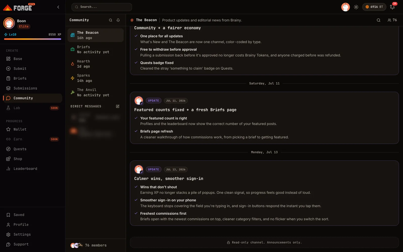 The Forge community space: announcement channels and product updates beside the channel list