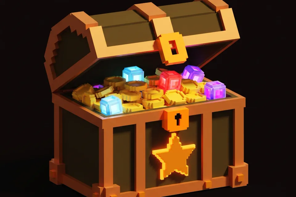 Forge creator platform hero visual: the voxel token chest render, open and glowing