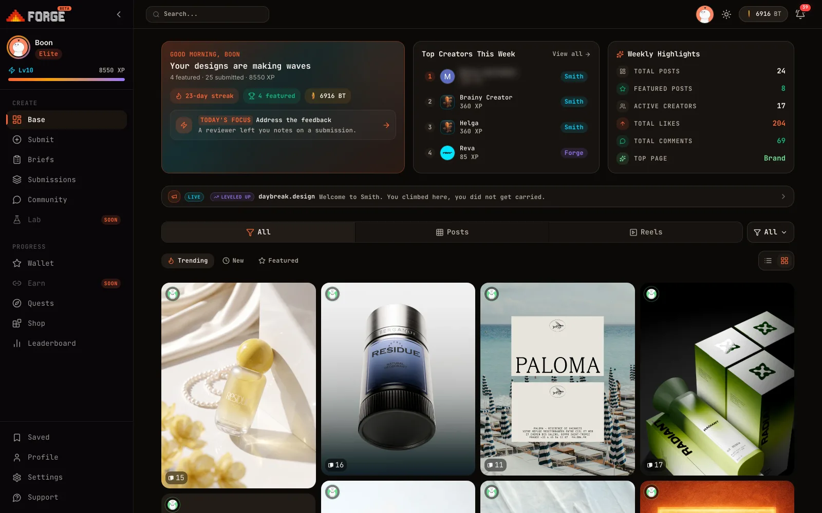 Forge creator dashboard: daily focus, streak, token balance, weekly highlights, and the trending work feed