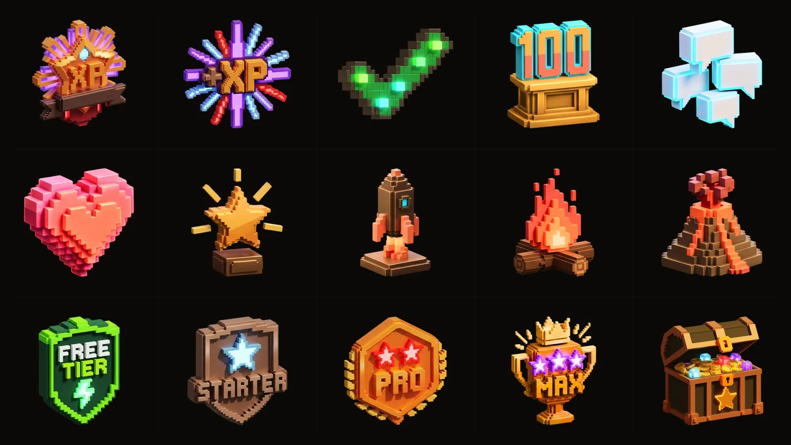 Forge voxel reward set: achievement badges and the four tier shields arranged as a collection grid