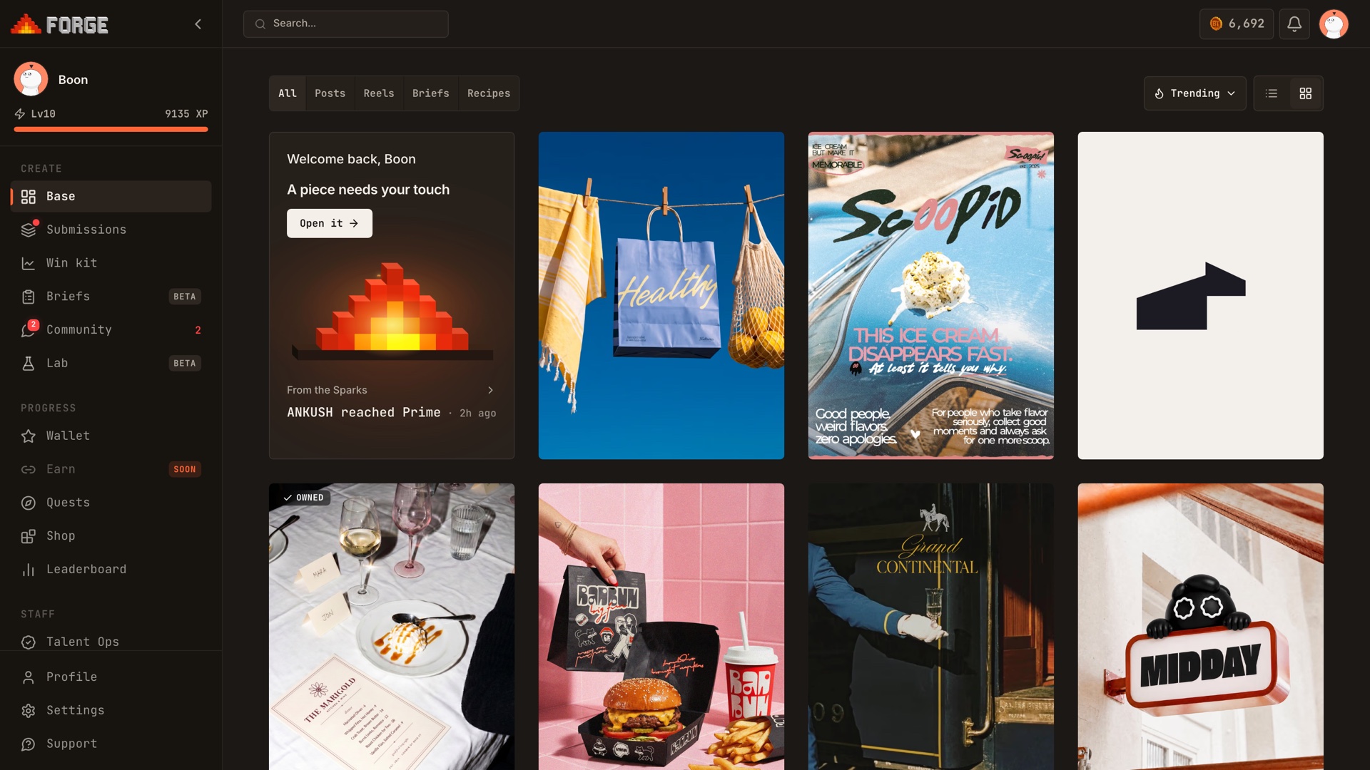 The Forge feed: published work from today, with the submission queue in the rail