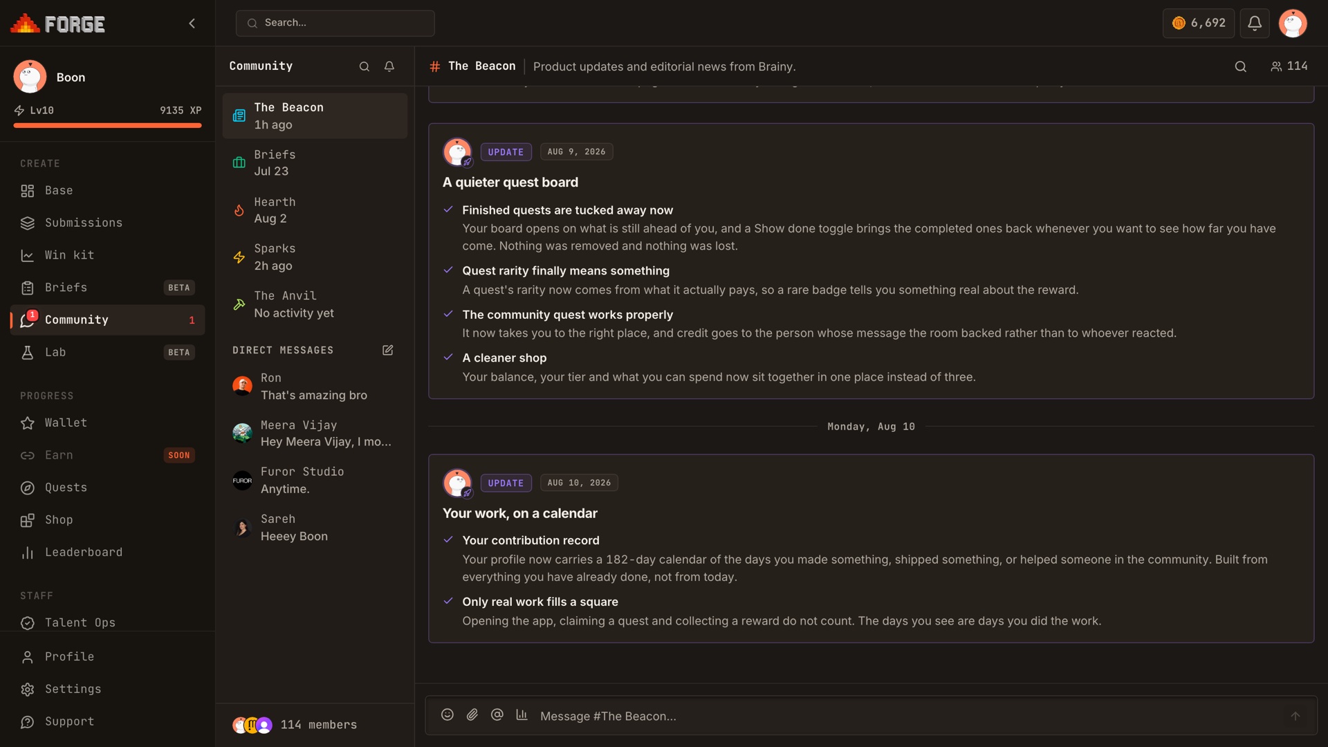 The channels: the Beacon, where the team posts product notes in the open