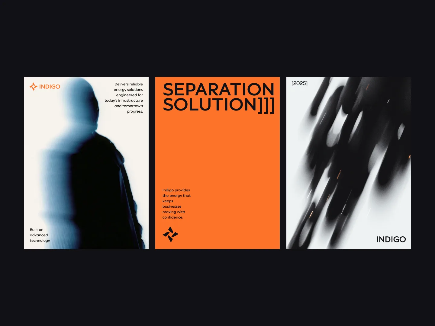 Three Indigo posters on black: a cream poster with a blurred figure, a burning orange type poster, and an off white ink blot poster