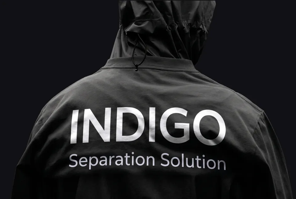 Back of a dark technical jacket printed with the Indigo wordmark and Separation Solution in metallic white