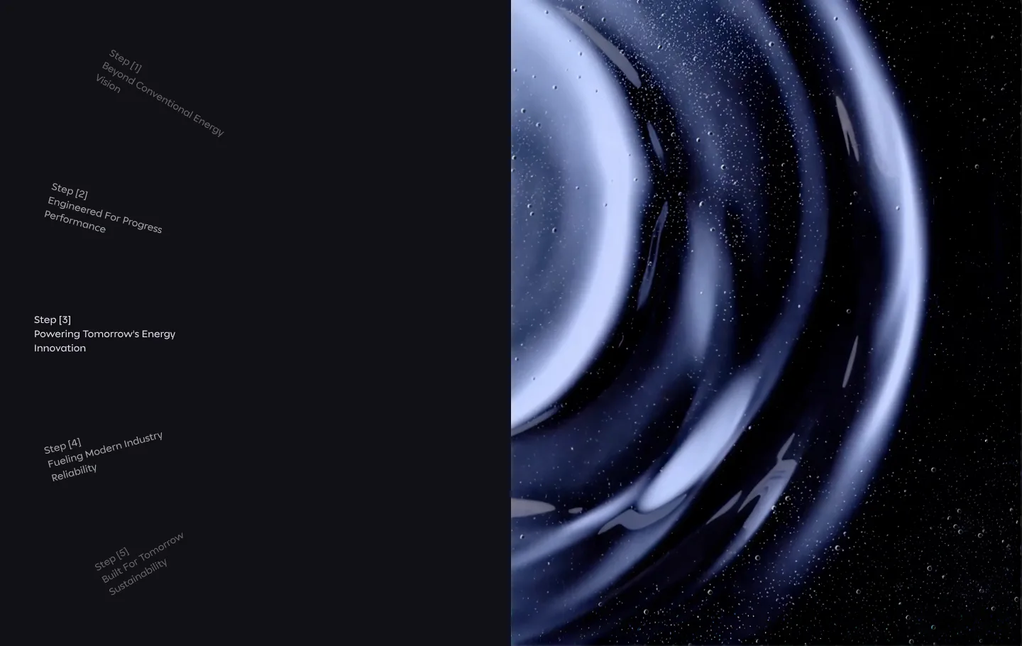 Five rotated step statements on black beside a deep blue macro photograph of rippling liquid