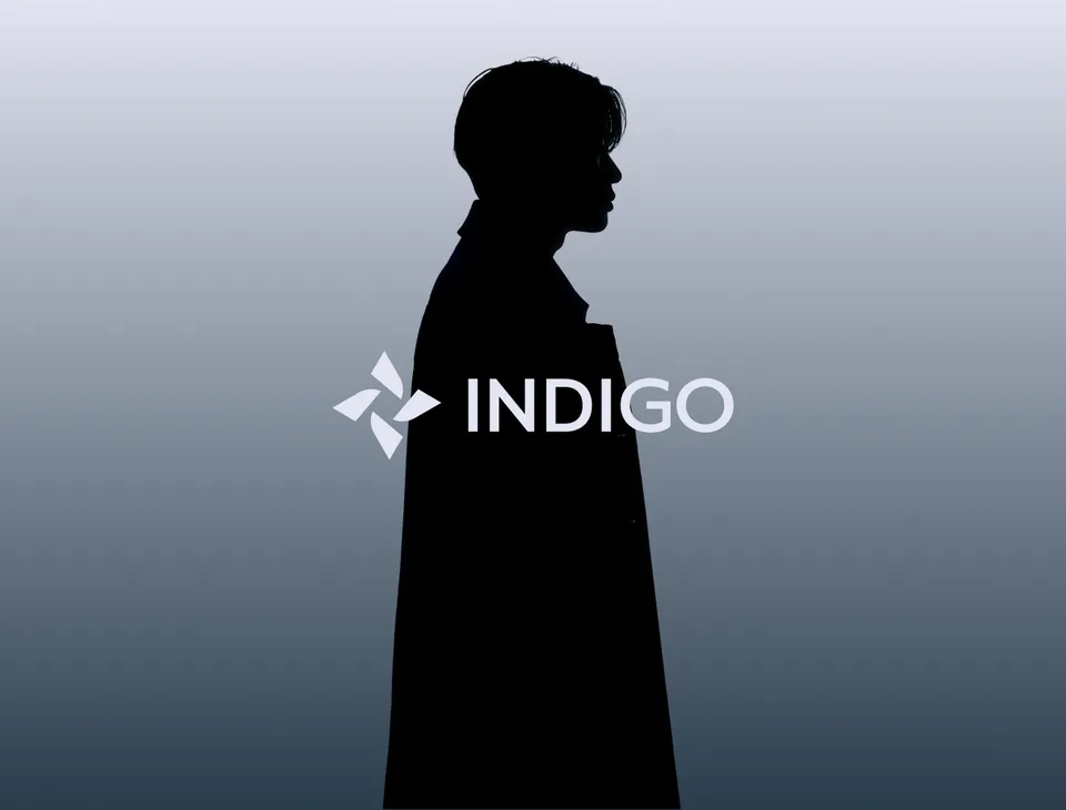 Black profile silhouette against a cool blue grey gradient with the white Indigo pinwheel lockup centered
