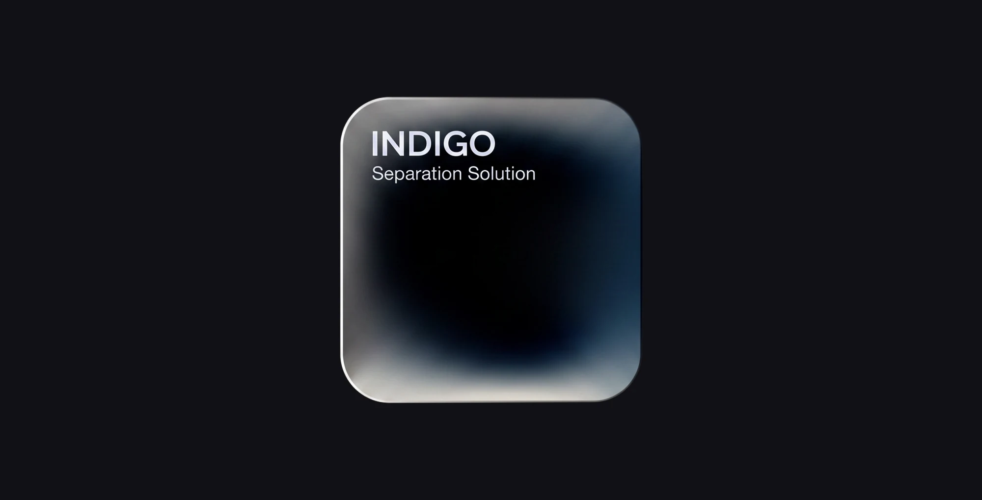 Indigo app icon: a frosted glass tile carrying the wordmark and descriptor