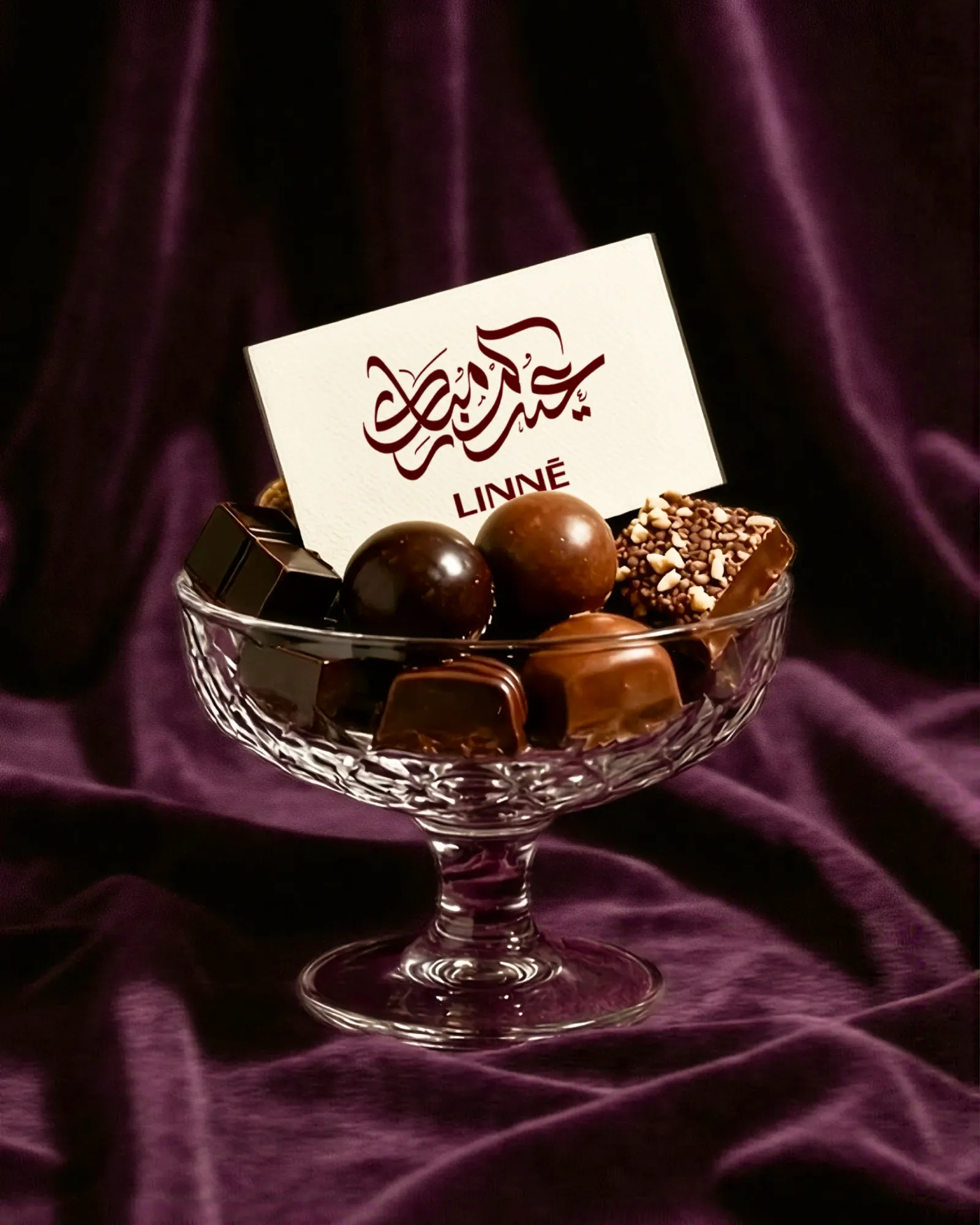 An Eid card in Arabic calligraphy with the LINNÉ wordmark beneath it, standing in a cut glass bowl of chocolates on plum velvet.