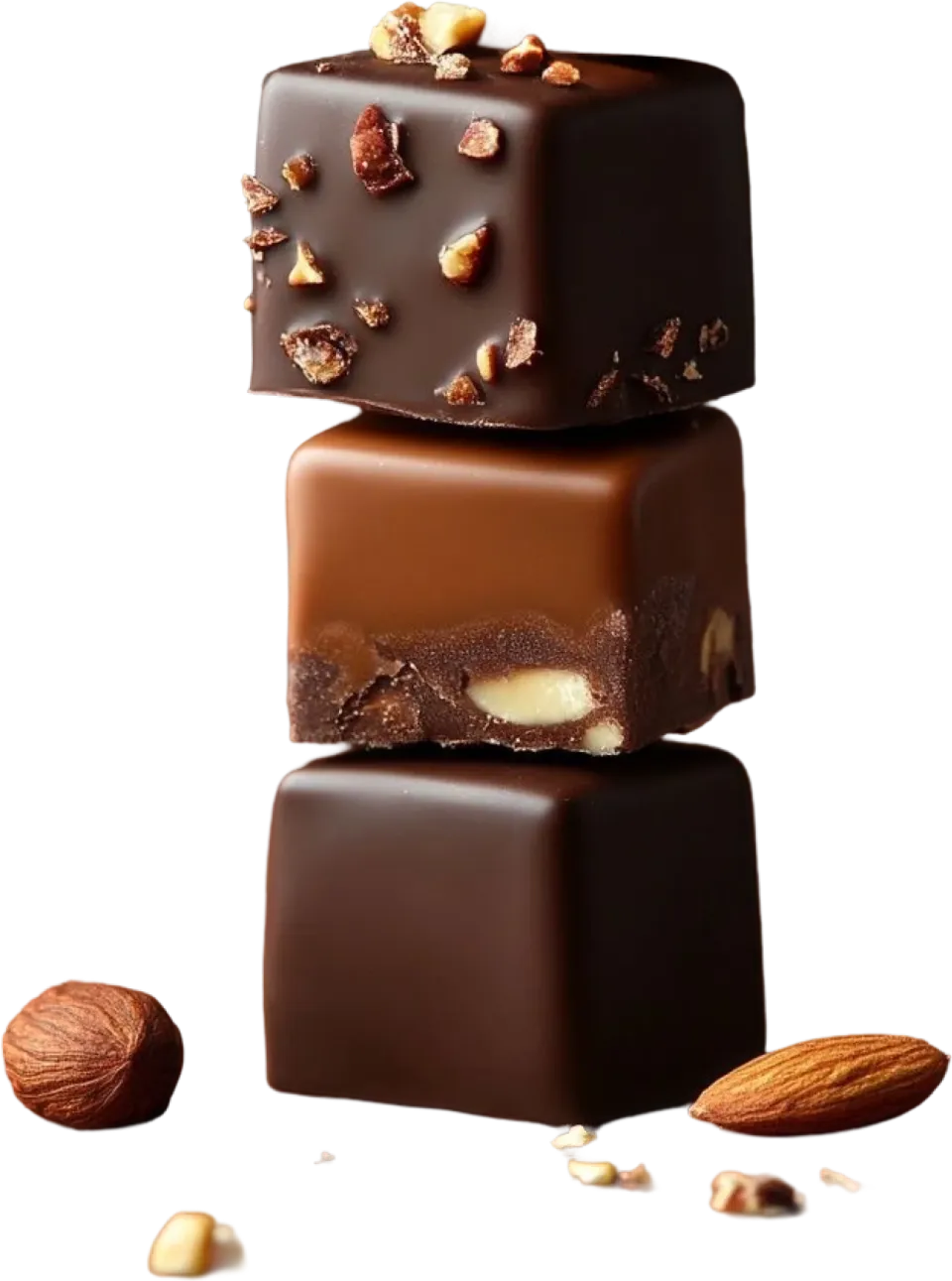 Three chocolates stacked: dark with chopped hazelnuts on top, milk chocolate over caramel in the middle, dark at the base, a hazelnut and an almond beside them.